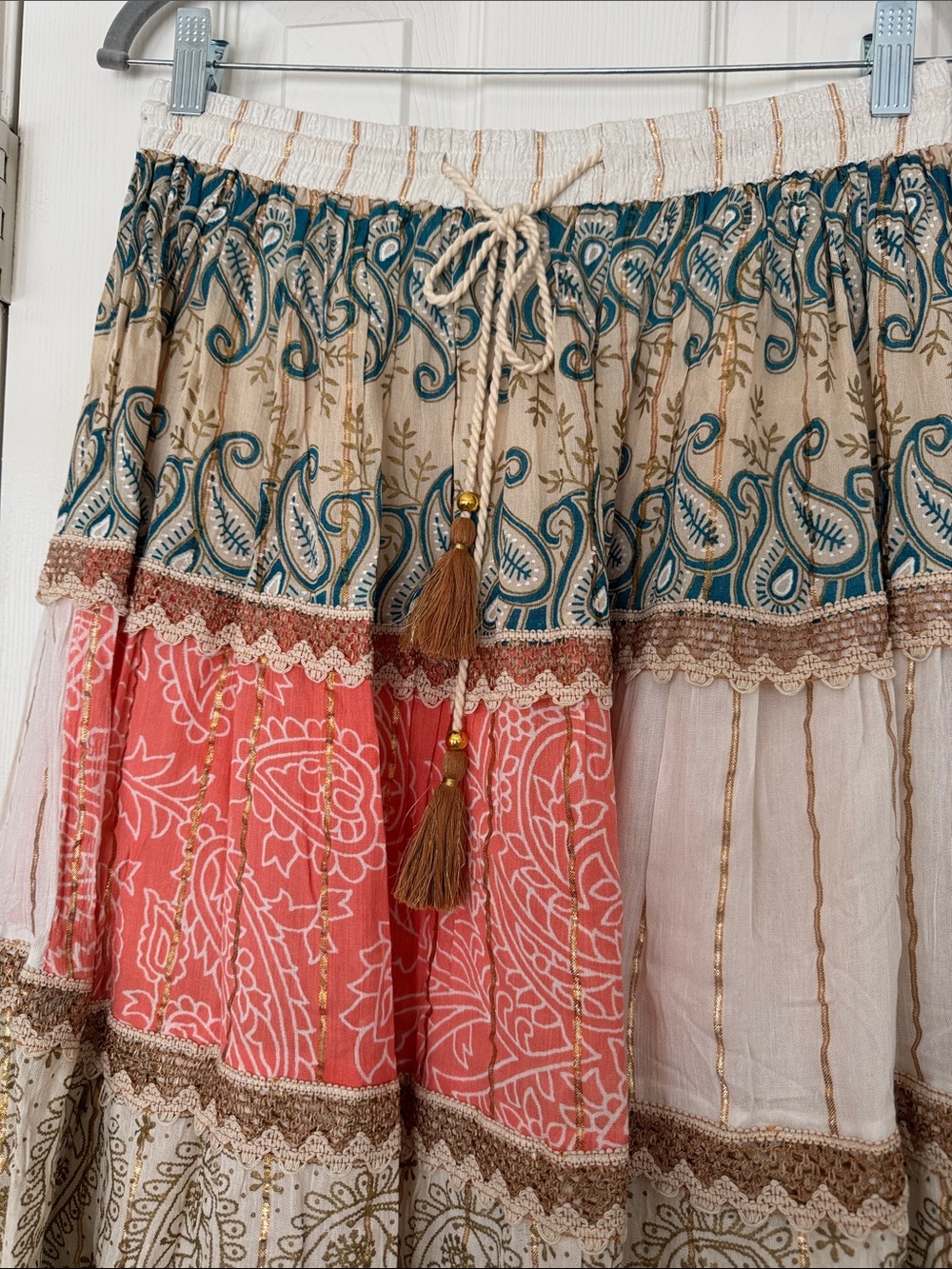 Boho Tiered Skirt Set in Teal, Coral , Cream, Tan paisley adjustable S-XL - Picture 6 of 8